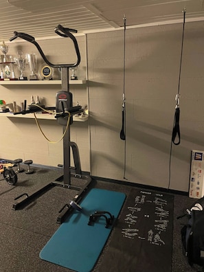 Une salle de sport à domicile équipée d’un vélo d’appartement, d’haltères, d’un tapis de yoga et d’une plateforme vibrante.