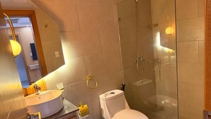 Un bagno moderno con cabina doccia in vetro, un water bianco e un mobile lavabo.