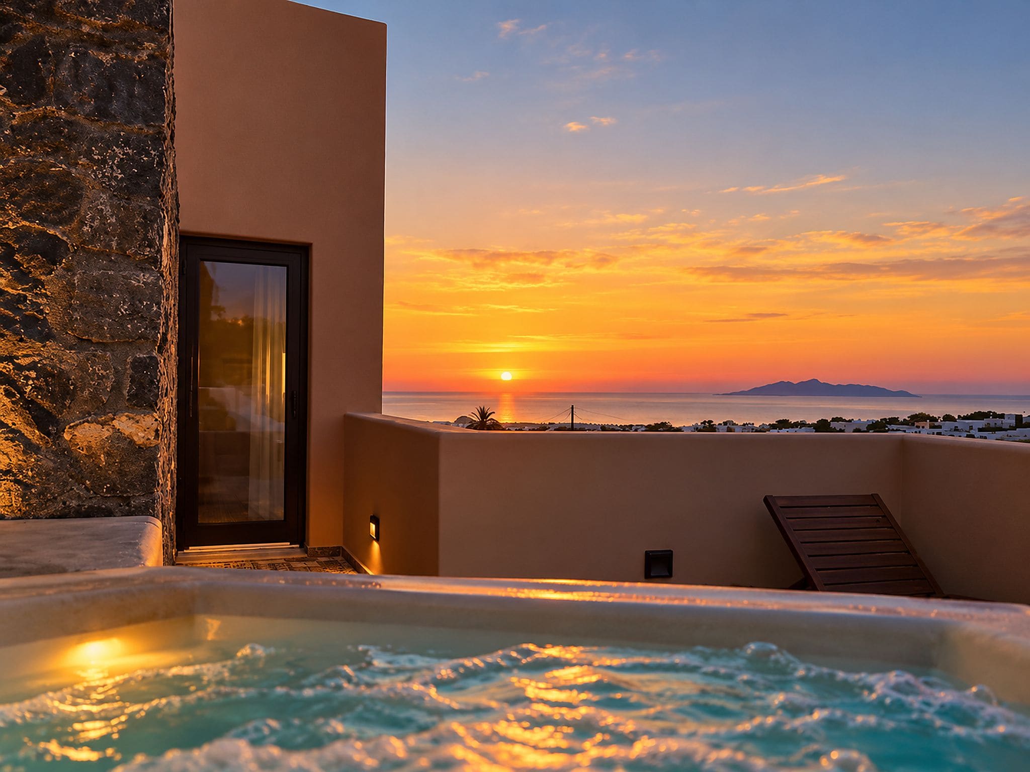A hot tub with a sunset view, a stone wall, and a modern building with a glass door.