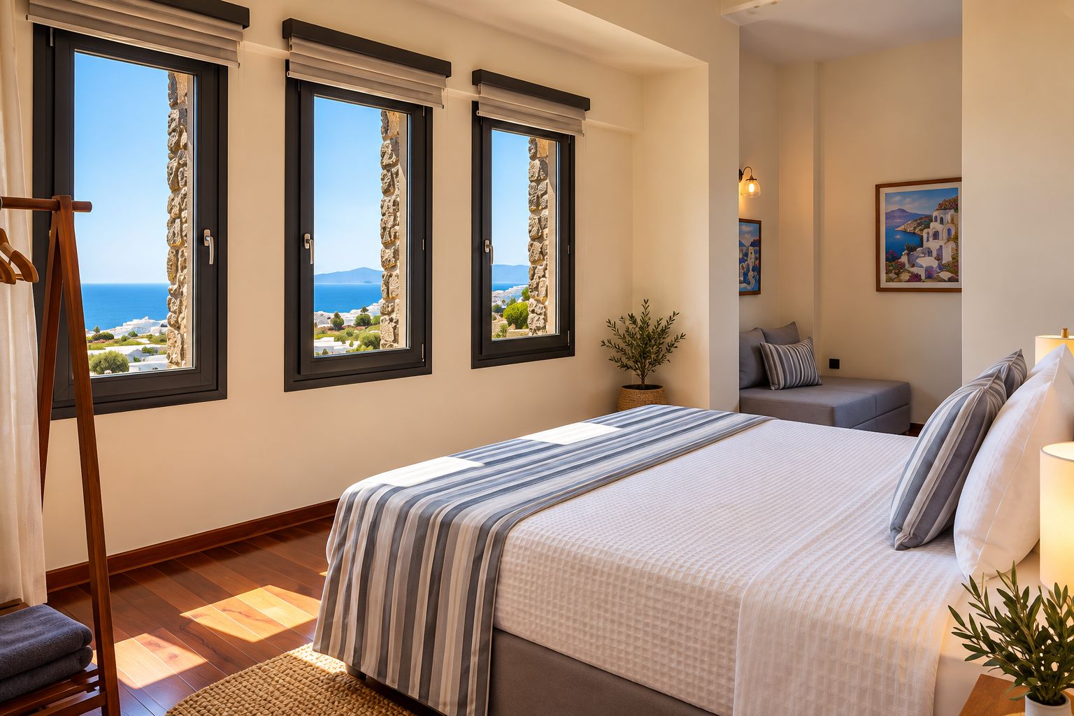 Ein Schlafzimmer mit einem großen Bett, Meerblick durch Fenster, einer Zimmerpflanze und einem Gemälde an der Wand.