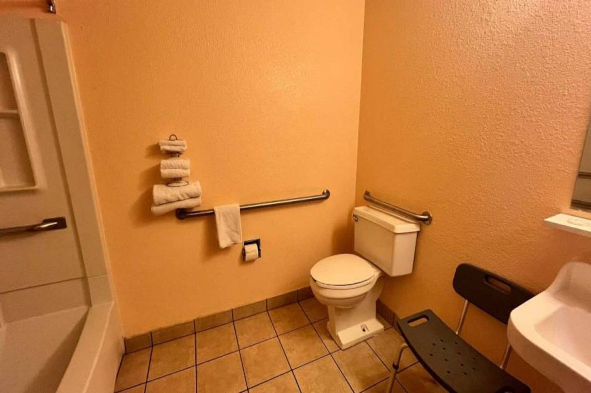 Un baño con inodoro, barra de apoyo y perchero para toallas.
