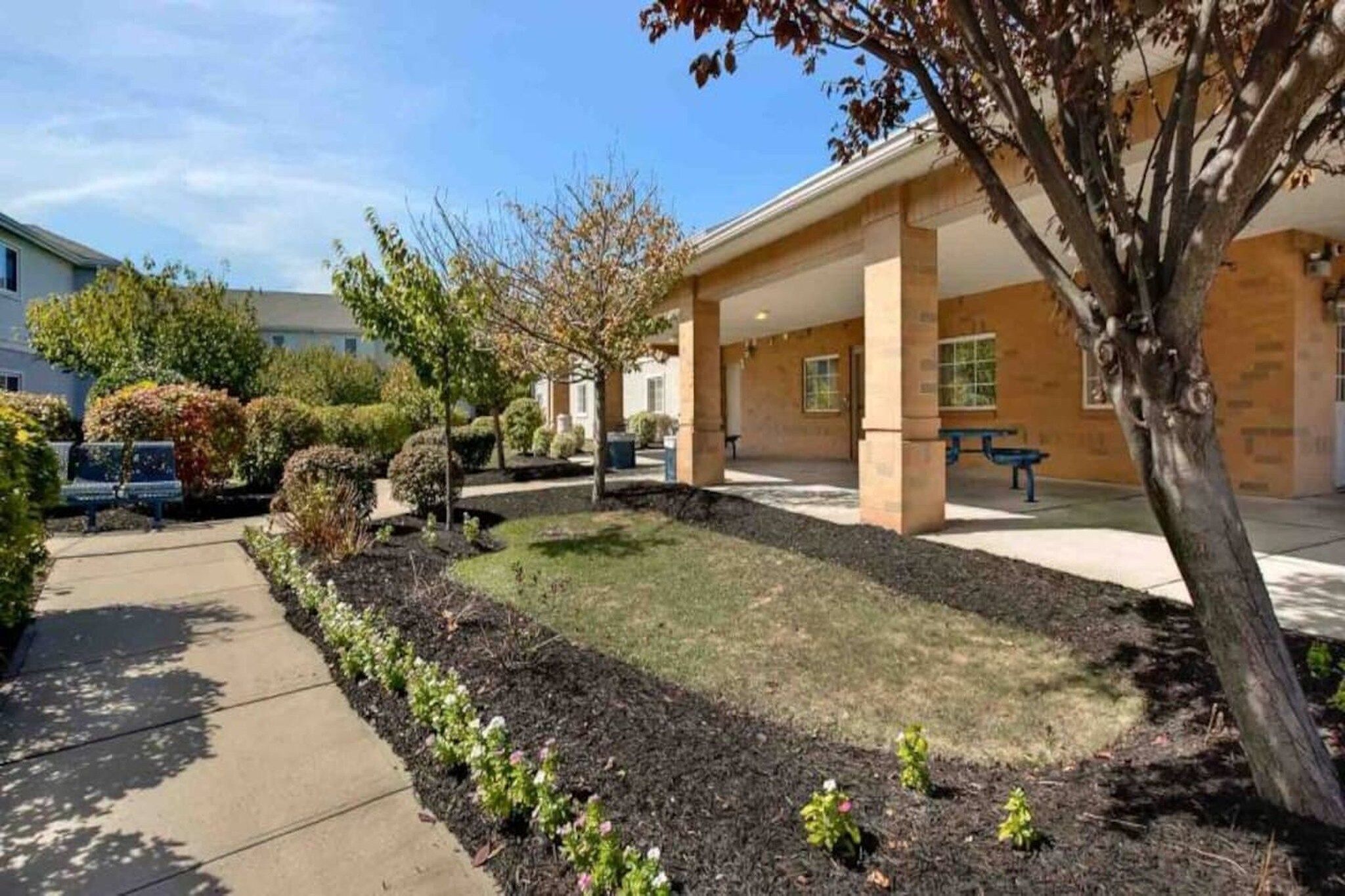 A building with a covered patio area, a sidewalk, and a landscaped garden with shrubs and a tree.