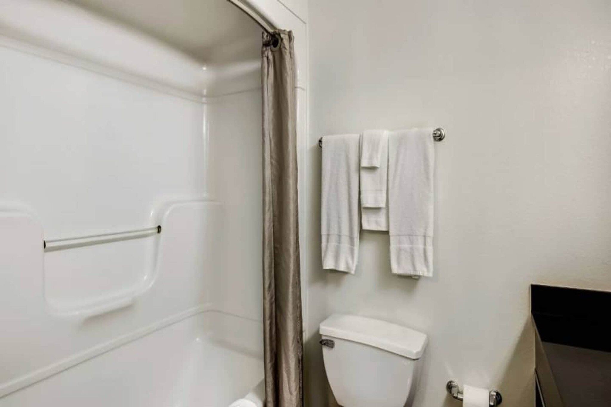 A bathroom with a shower, toilet, and towel rack.