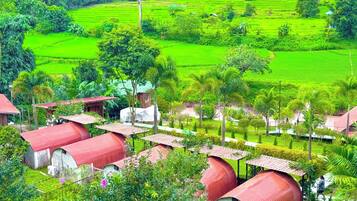 Paisaje rural con campos verdes, algunas edificaciones con techos rojos y una persona caminando.