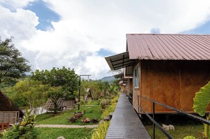 A wooden building with a metal roof, a wooden deck, and a garden with various plants.