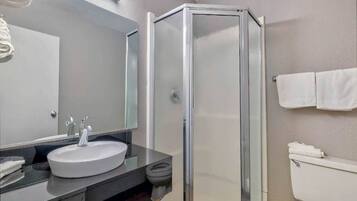 A bathroom with a glass-enclosed shower, a sink with a mirror above it, and a toilet.