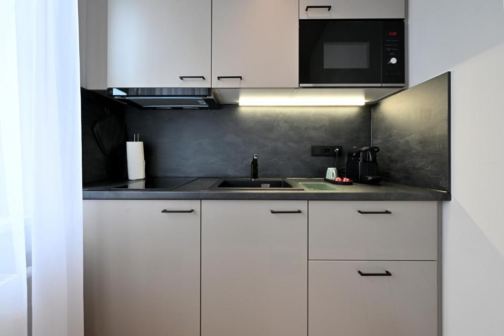 Departamento, cocina, vista a la ciudad | Cocina privada | Refrigerador con congelador, microondas, horno y parrilla de estufa 