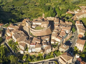 An aerial view of a historic town with a prominent fortified structure, narrow streets, and surrounding greenery. - Holiday Home in Palaia With Swimming Pool (Palaia)