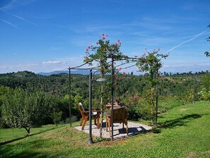 A garden with a wooden table and chairs, surrounded by a pergola with flowering vines. - Holiday Home in Palaia With Swimming Pool (Palaia)