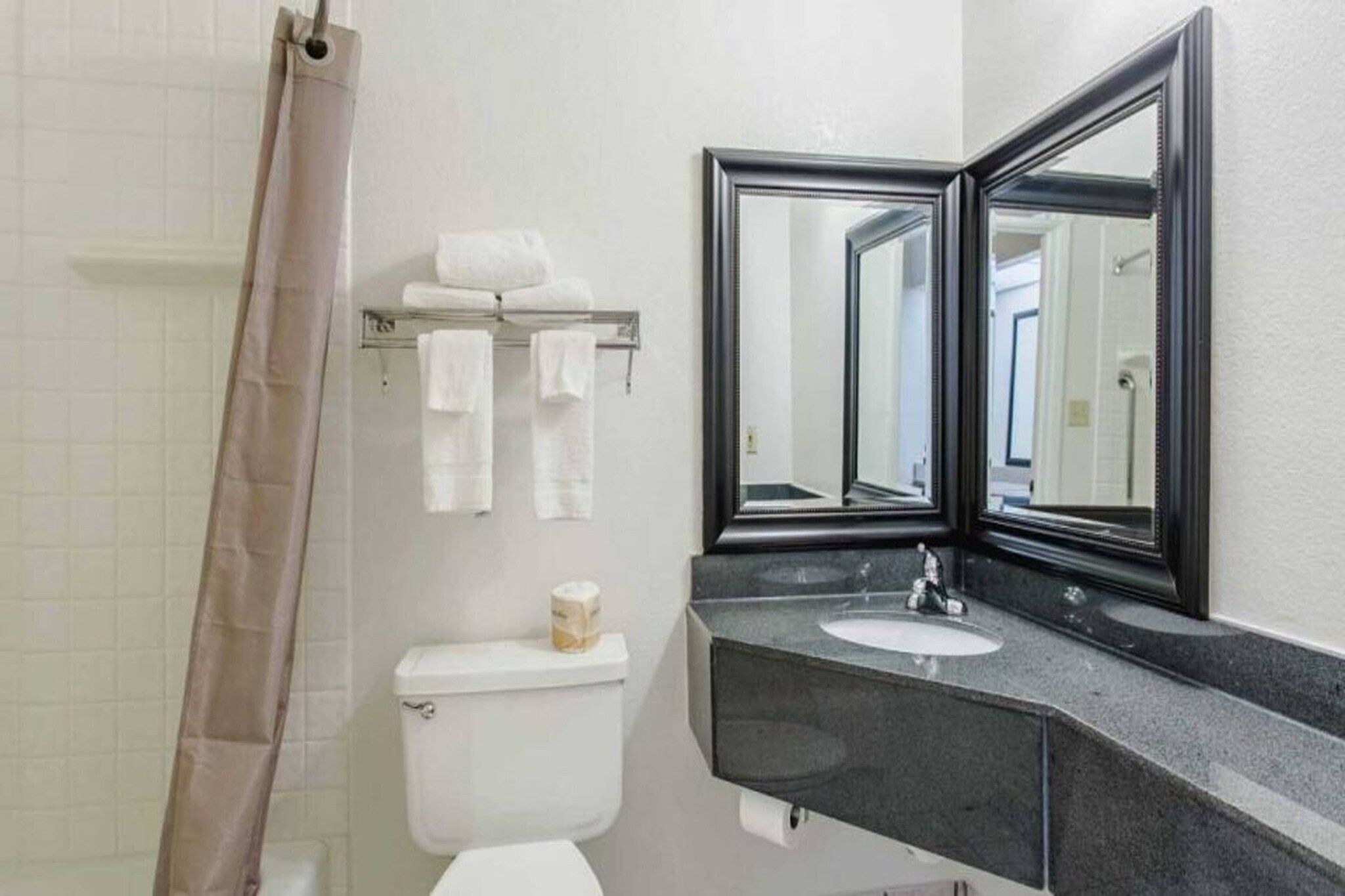 Une salle de bain avec des toilettes, un lavabo et un miroir.