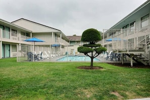 Une cour avec une piscine, un petit arbre et un bâtiment doté de balcons.