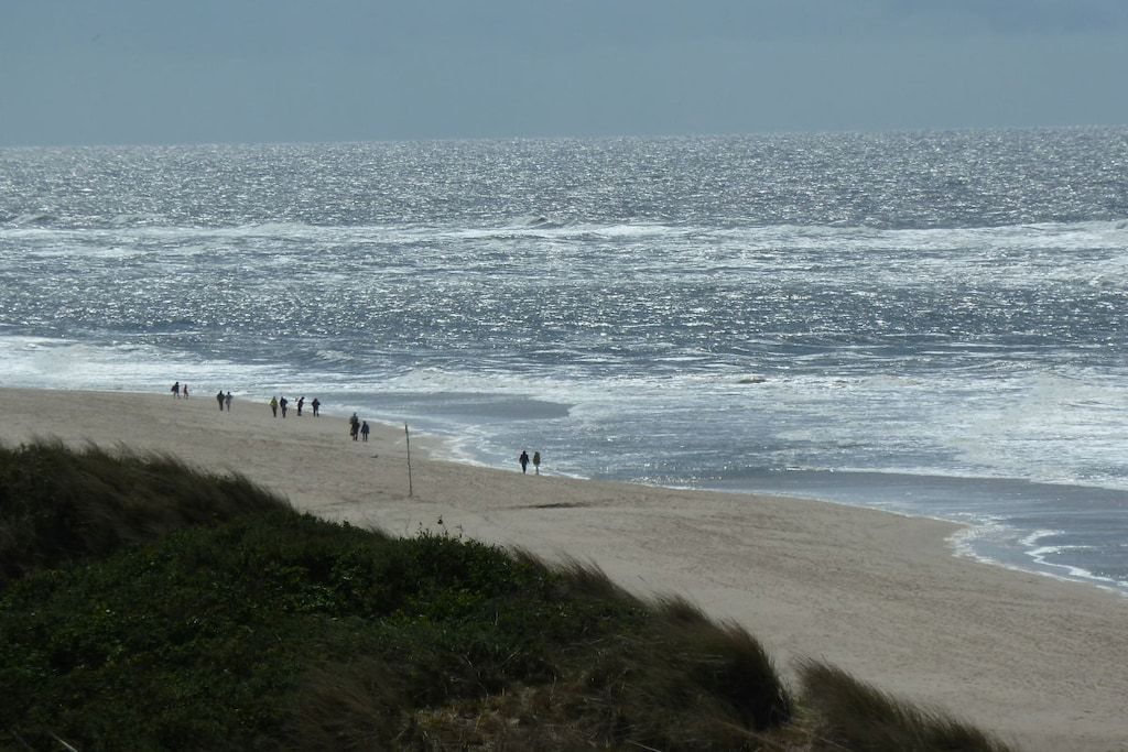 A beach with people walking along the shore.