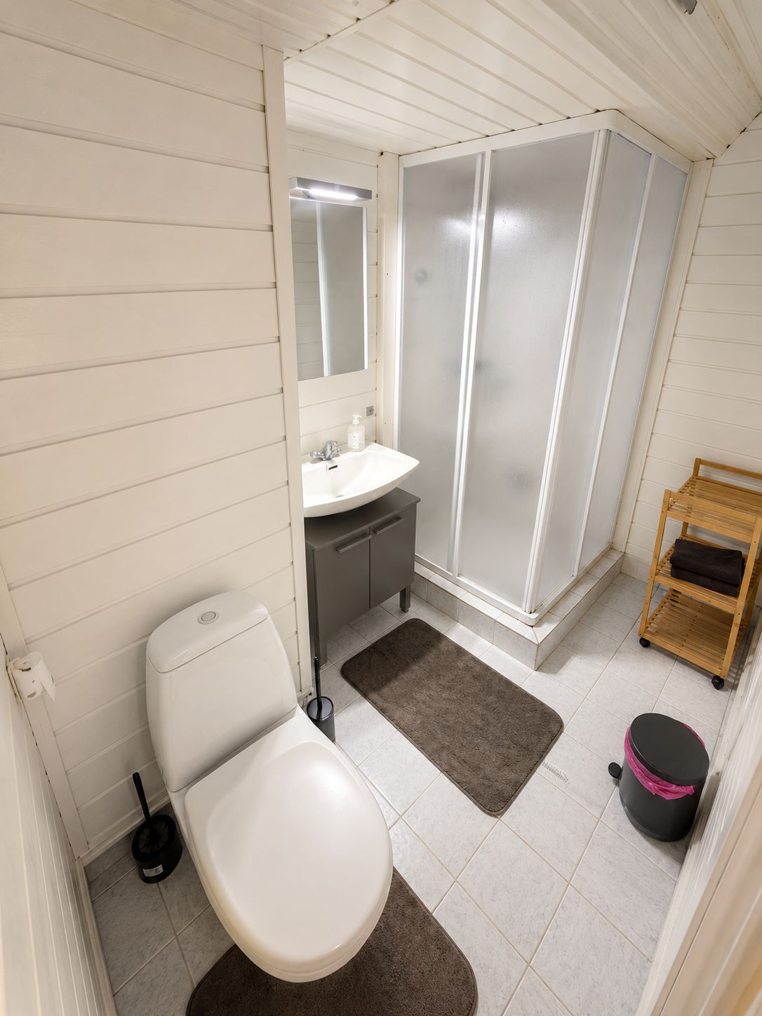 Une salle de bain avec des toilettes, un lavabo et une douche.