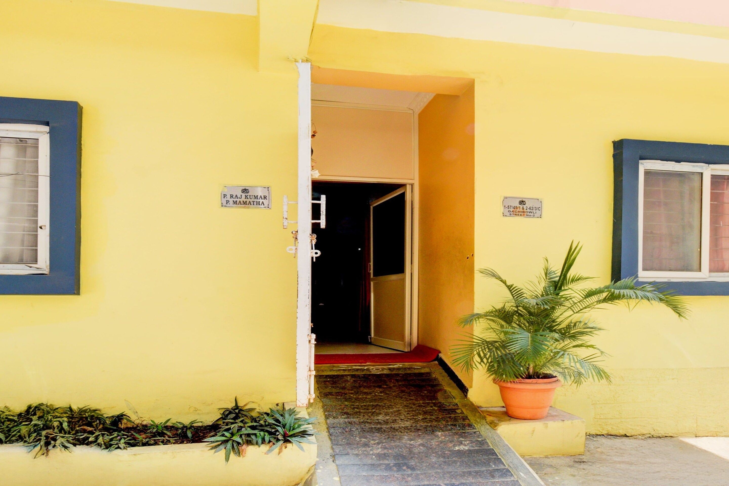 Un edificio amarillo con una puerta que da a un interior oscuro. Hay letreros en la puerta y en las paredes, y una planta en maceta a la derecha.