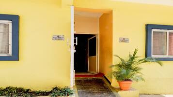 Un edificio amarillo con una puerta que da a un interior oscuro. Hay letreros en la puerta y en las paredes, y una planta en maceta a la derecha.