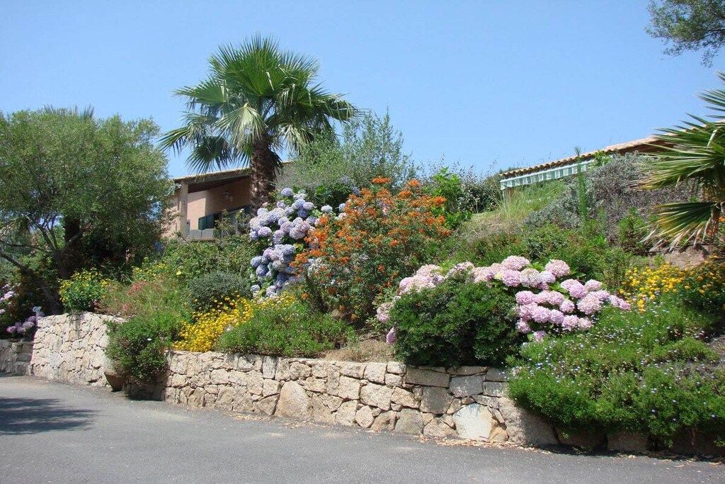 Un quartier résidentiel doté d’un mur en pierre, de diverses plantes à fleurs et d’un palmier.