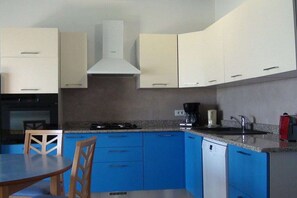 A kitchen with blue cabinets, a stove, a coffee maker, and a dishwasher. - Holiday home with 2 bedrooms (OLMETO PLAGE)