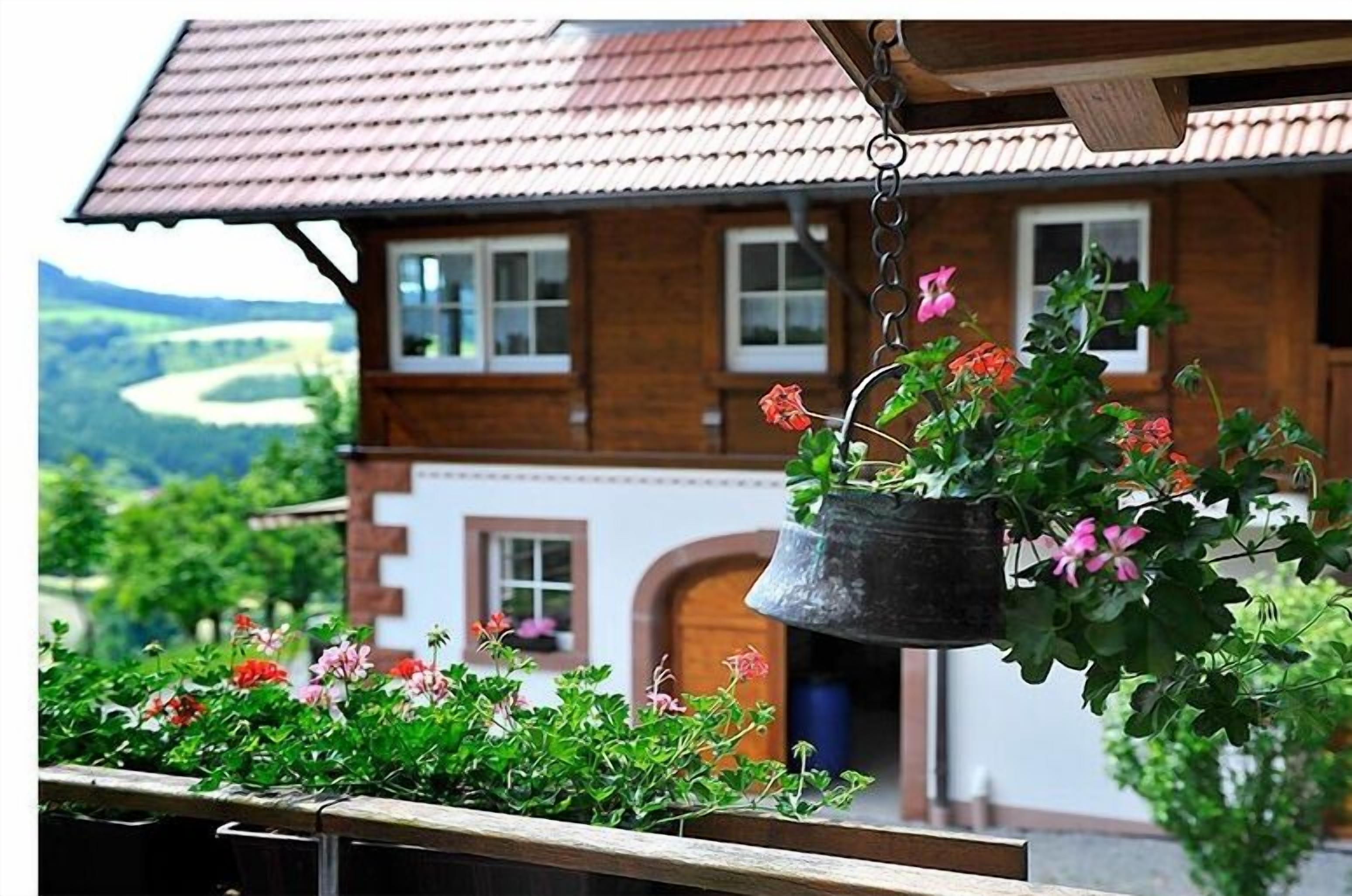 A wooden house with a sloped roof, a hanging flower pot with flowers, and a view of a green landscape.