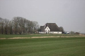 A large white building with a steep roof, surrounded by a grassy field and trees. - Holiday home in Husum with swimming pool (Husum)