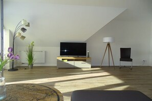A modern living room with a flat-screen TV, a lamp, a chair, and a plant. - Holiday apartment with 1 bedroom (Seedorf)