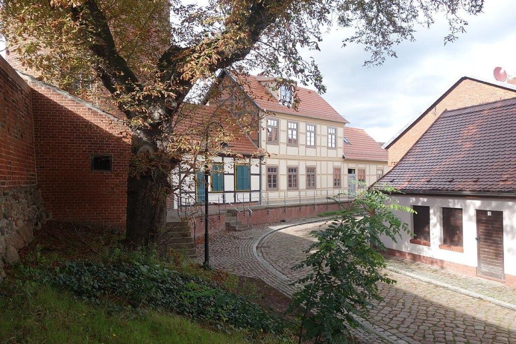 A cobblestone street with traditional buildings, a tree, and a clear sky.