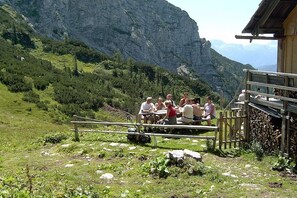 A group of people dining outdoors with a mountain backdrop. - Holiday home with 1 bedroom (Altaussee)
