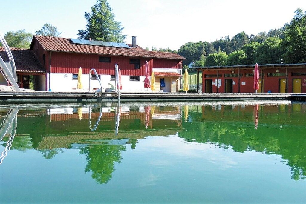 Una piscina amb el reflex d'edificis i arbres.