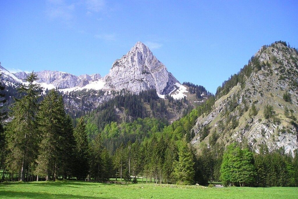 A mountainous landscape with a prominent peak, dense forest, and a clear sky.