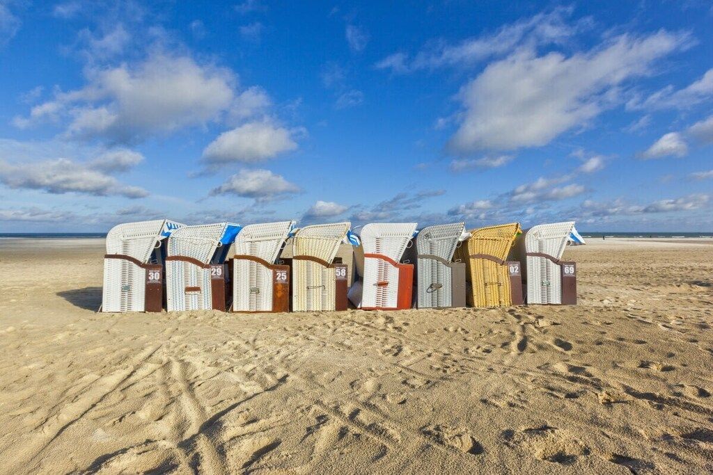 Fila de sillas de playa numeradas sobre arena, con cielo despejado.