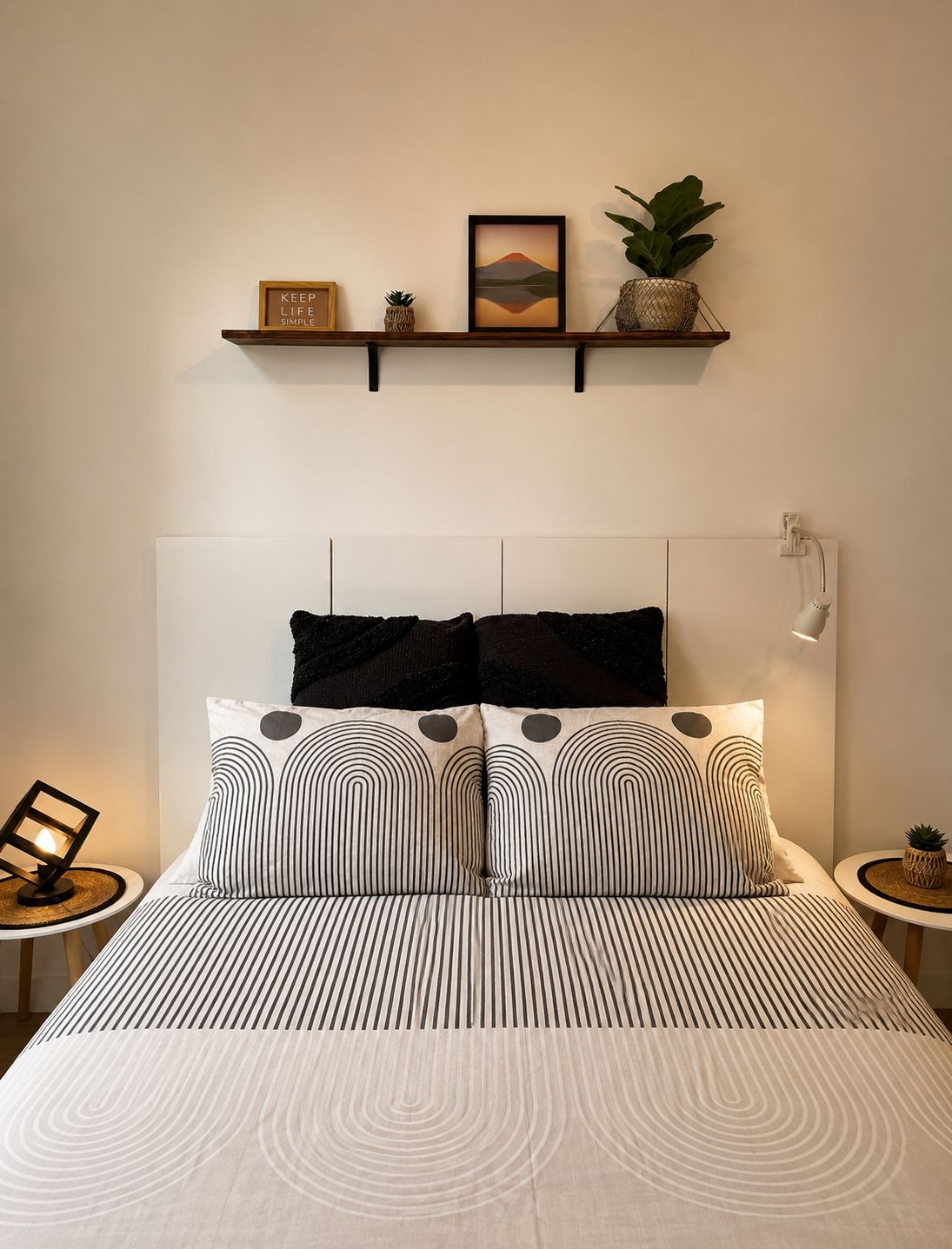 Un dormitorio con cama, almohadas, una mesita de noche, una lámpara, un estante con objetos decorativos y una lámpara de pared.