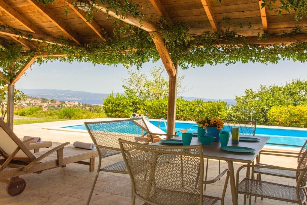A covered outdoor area with a pool, lounge chairs, and a table with chairs.