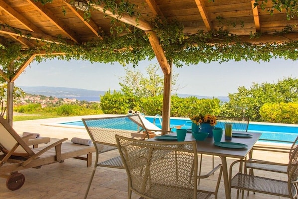 A covered outdoor area with a pool, lounge chairs, and a table with chairs.