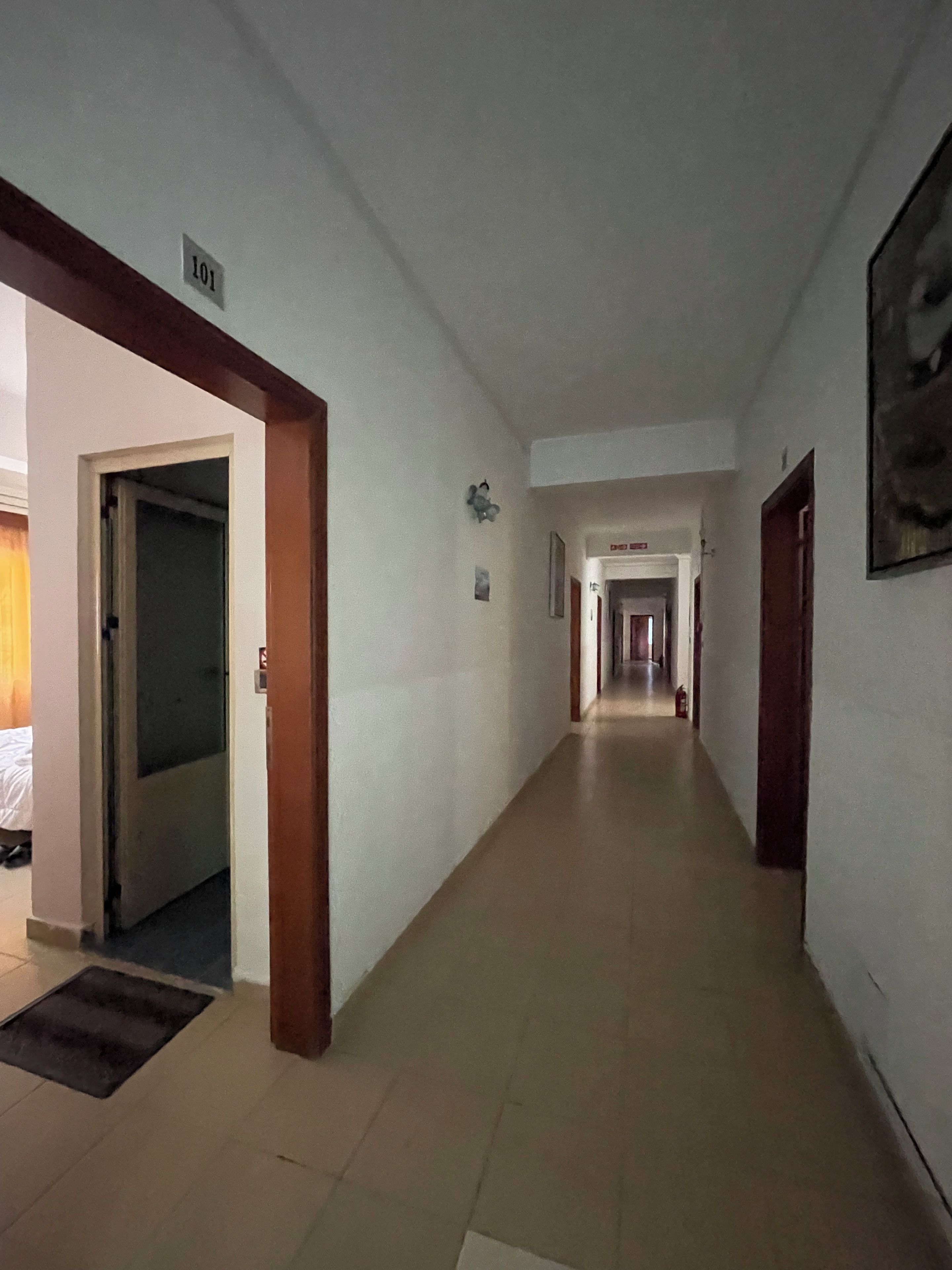A hotel corridor with a door labeled '101' on the left, a framed picture on the right wall, and a fire extinguisher on the floor.