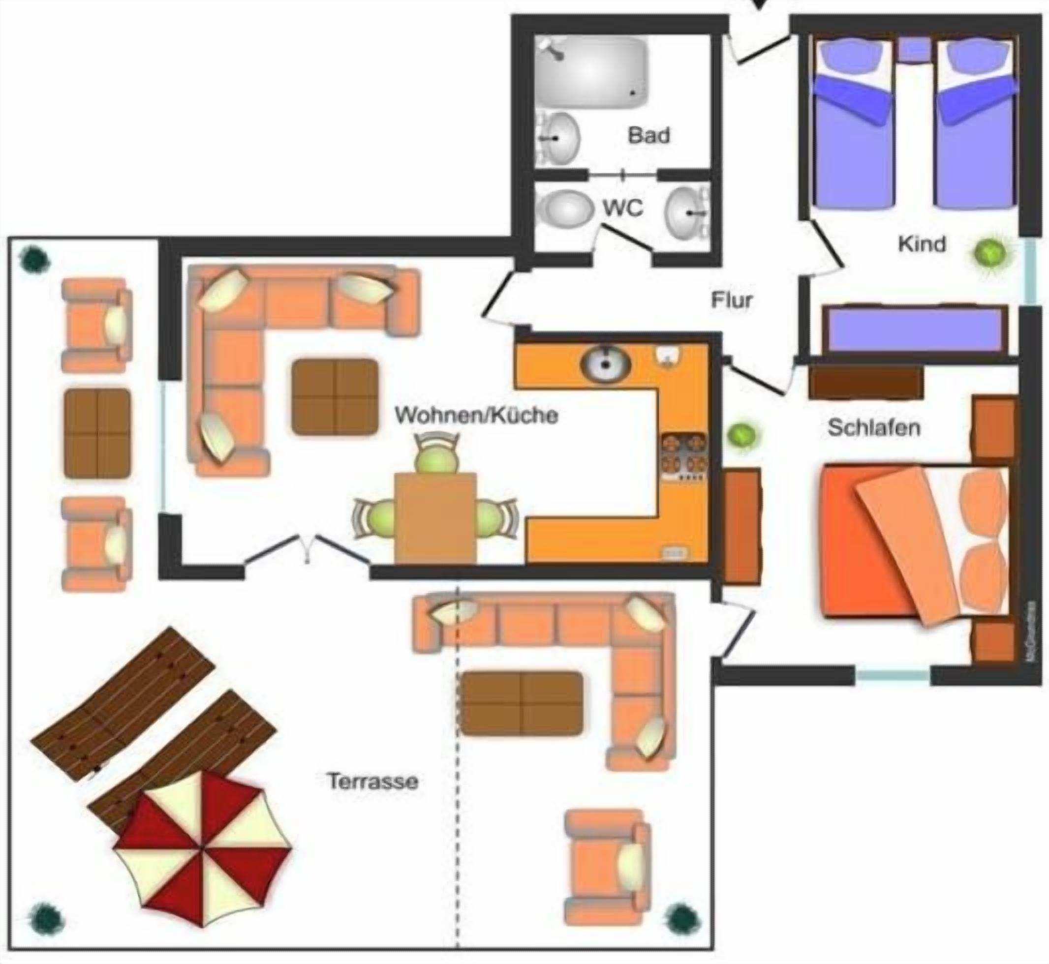 En planritning över ett hotellrum med vardagsrum, kök, badrum, barnrum och en terrass.