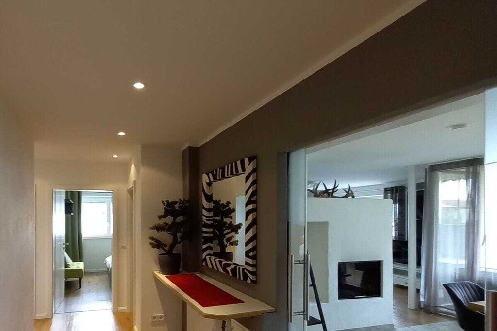 Ein modernes Interieur mit einem Flur, der zu einem Raum mit rotem Teppich, Wandkunst mit Zebra-Streifen und einem Kamin mit Geweihen führt.