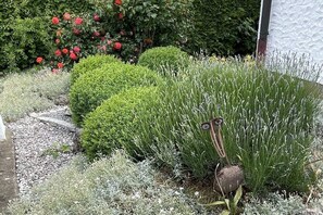 A garden with various plants and a decorative metal object. - At the spa park - Altmühltal (Treuchtlingen)