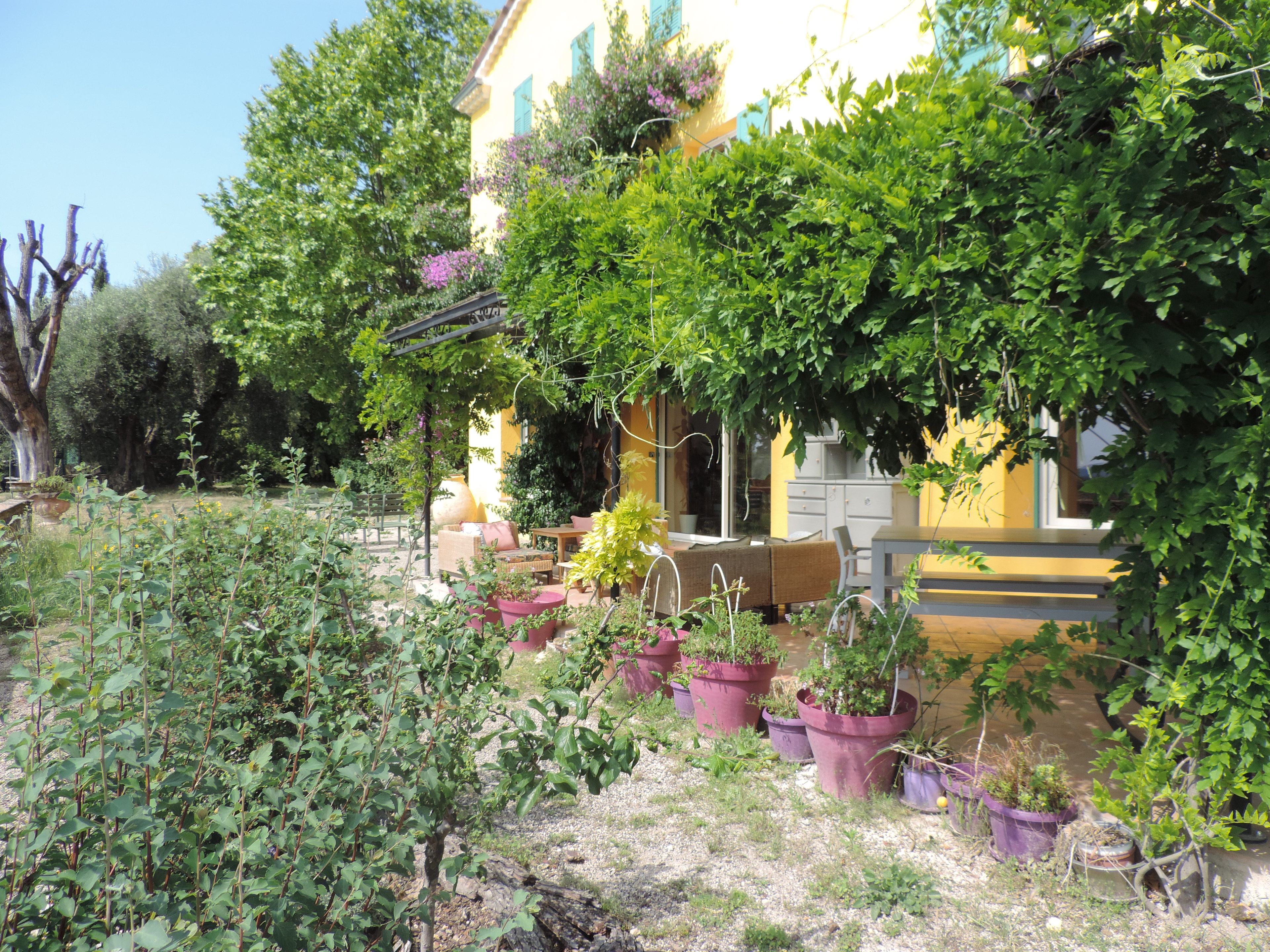 Un bâtiment jaune doté d’un jardin agrémenté de plantes en pot et de mobilier d’extérieur.