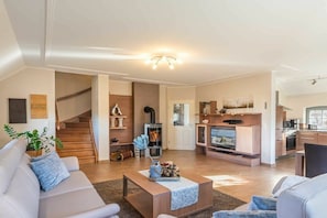 A modern living room with a sofa, coffee table, and fireplace. - Holiday home with 1 bedroom (Seebad Kölpinsee OT Stubbenfelde)