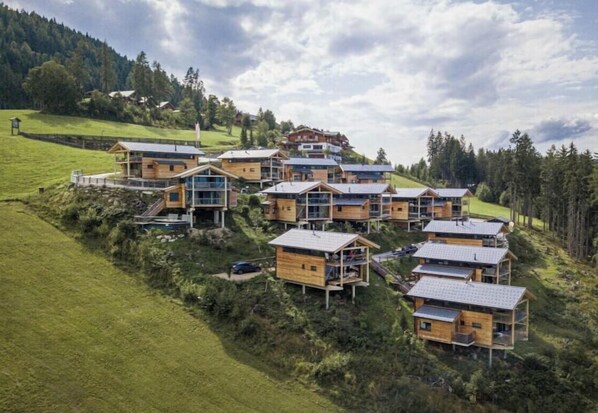 A cluster of wooden cabins with multiple levels, situated on a hillside with a view of a forested area. - Premium Chalet #13 with Sauna & Swim Spa (Pichl bei Schladming)