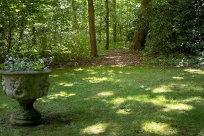 A garden with a pathway leading through a wooded area. - Holiday home with 2 bedrooms (Groot-Valkenisse)