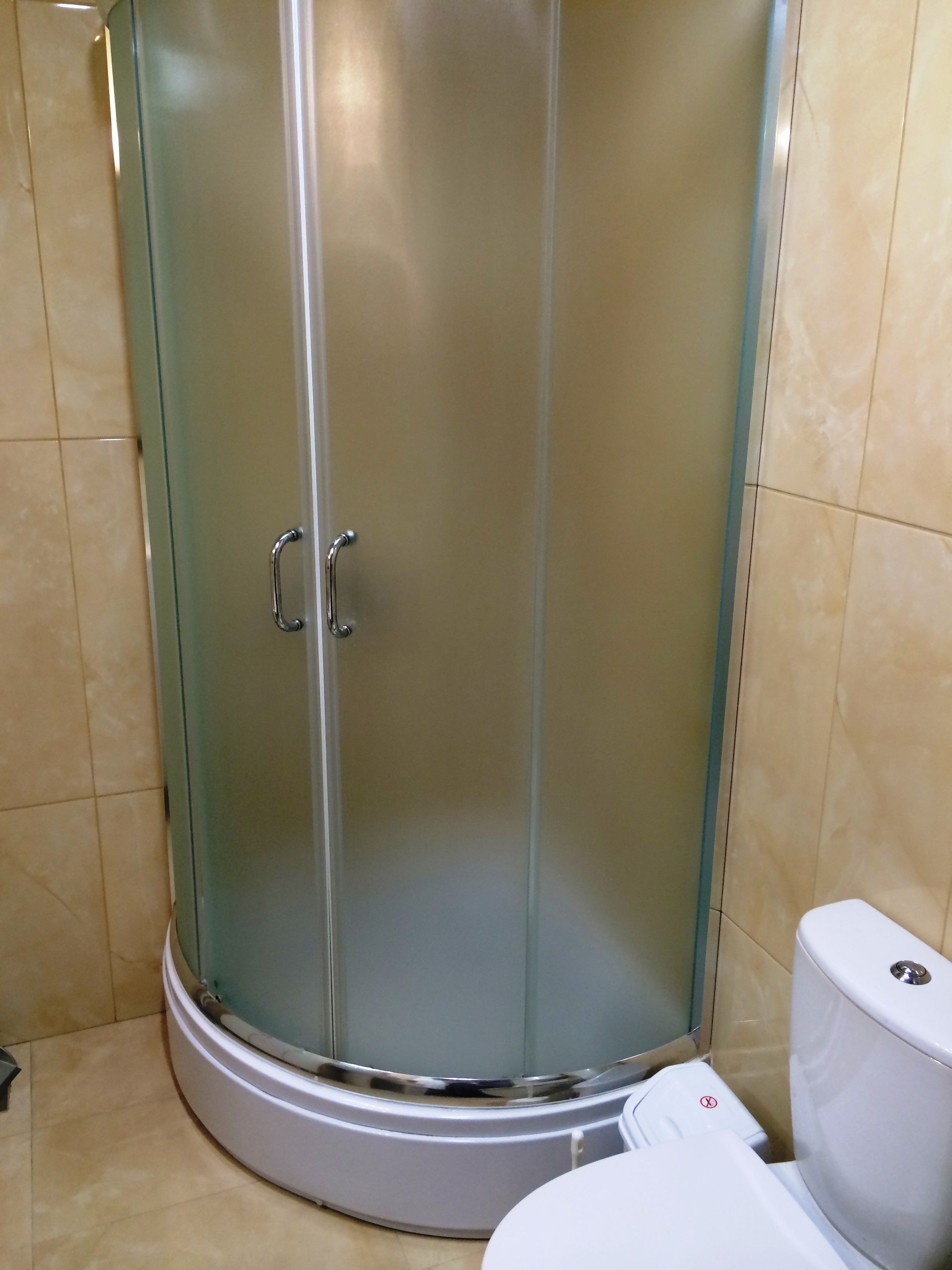 A glass-enclosed shower stall with a toilet to the right.