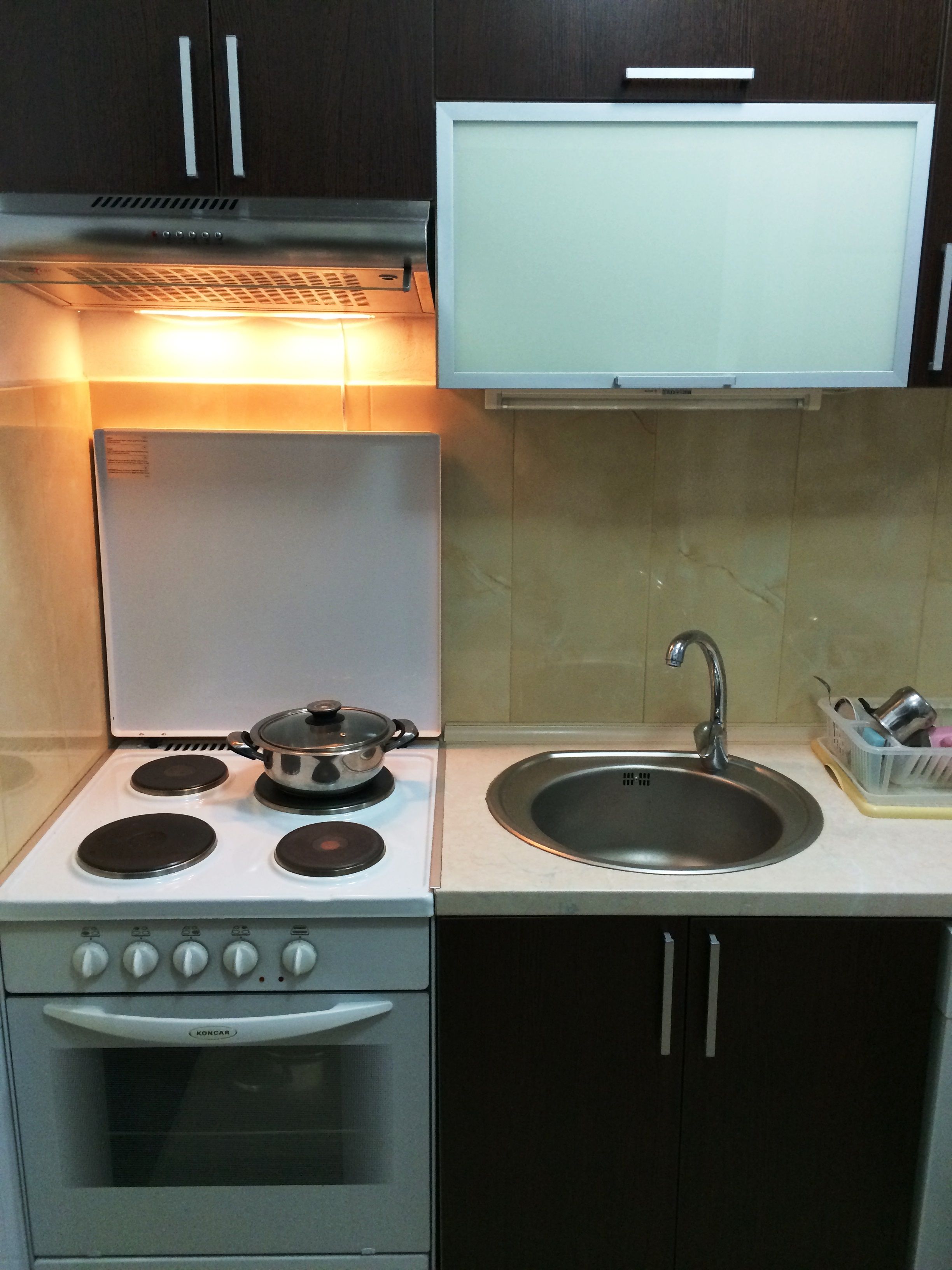 Une cuisine de taille réduite, équipée d’une cuisinière, d’un four et d’un évier.