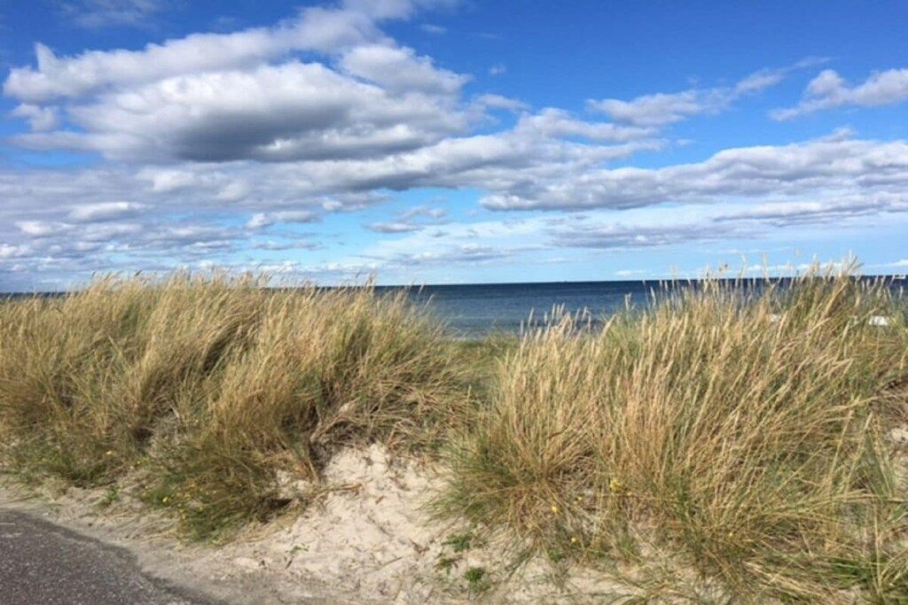 Paesaggio costiero con dune sabbiose e cielo sereno.