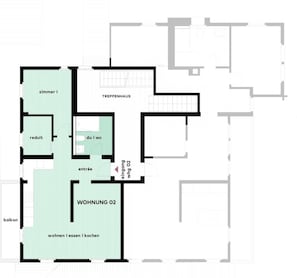 Ein Grundriss mit beschrifteten Räumen, darunter ein Wohnzimmer, ein Schlafzimmer, ein Badezimmer und eine Küche.