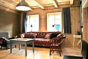 A cozy room with a wooden ceiling, a sofa, a table, and a television. - Holiday home in Tangermünde with Wi-Fi (Tangermünde)