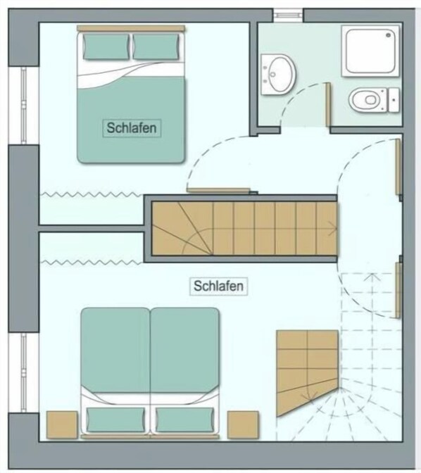 A hotel room layout with two bedrooms, a bathroom, and a kitchenette. - Holiday apartment with 2 bedrooms (Ste. Honorine des Pertes)