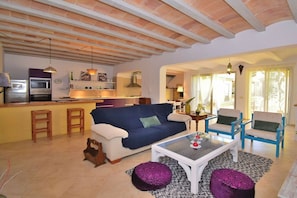 Ein Wohnzimmer mit einer Couch, einem Couchtisch und Sesseln, eine Küchenzeile mit Geräten sowie ein Essbereich mit Tisch und Stühlen.
