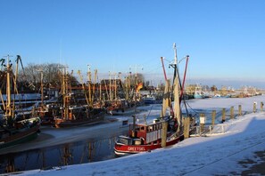 A marina with multiple boats docked, some with masts and rigging, and a snow-covered ground. - Holiday apartment with 2 bedrooms (Krummhörn-Greetsiel)