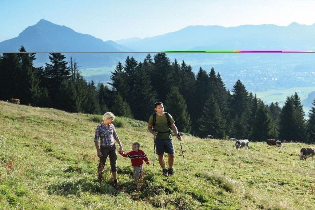 Une famille fait une randonnée sur une colline herbeuse, avec des montagnes en arrière-plan.