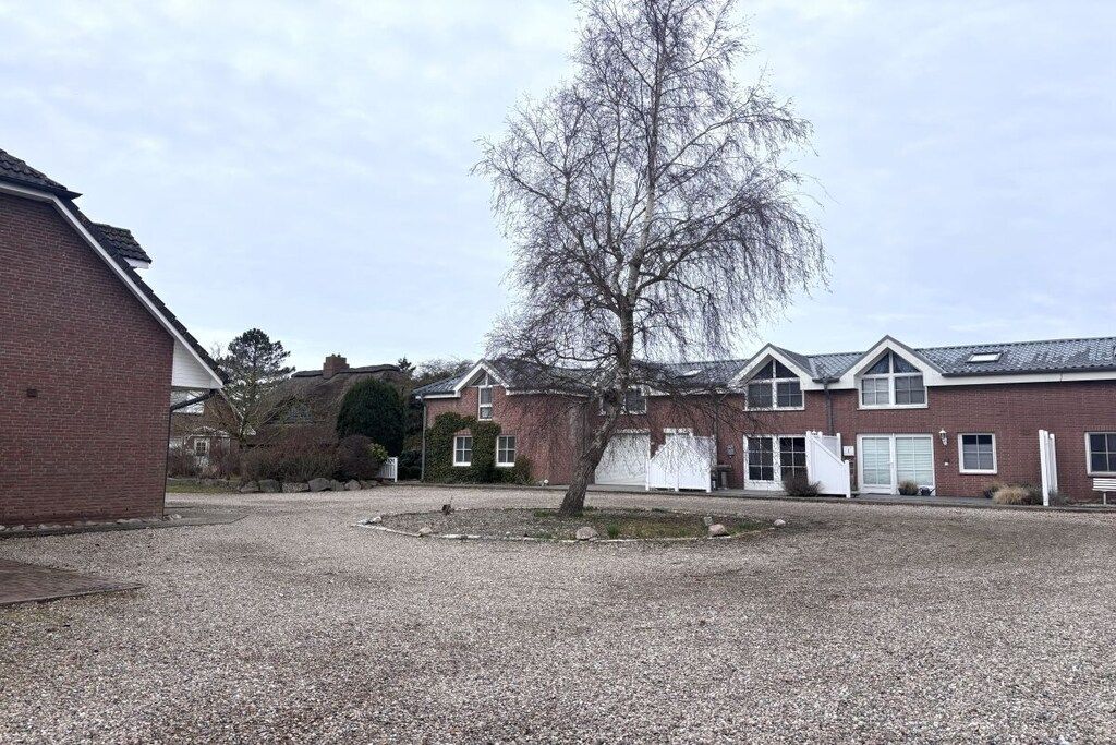A residential area with a gravel driveway, a large tree, and a brick building with a garage.